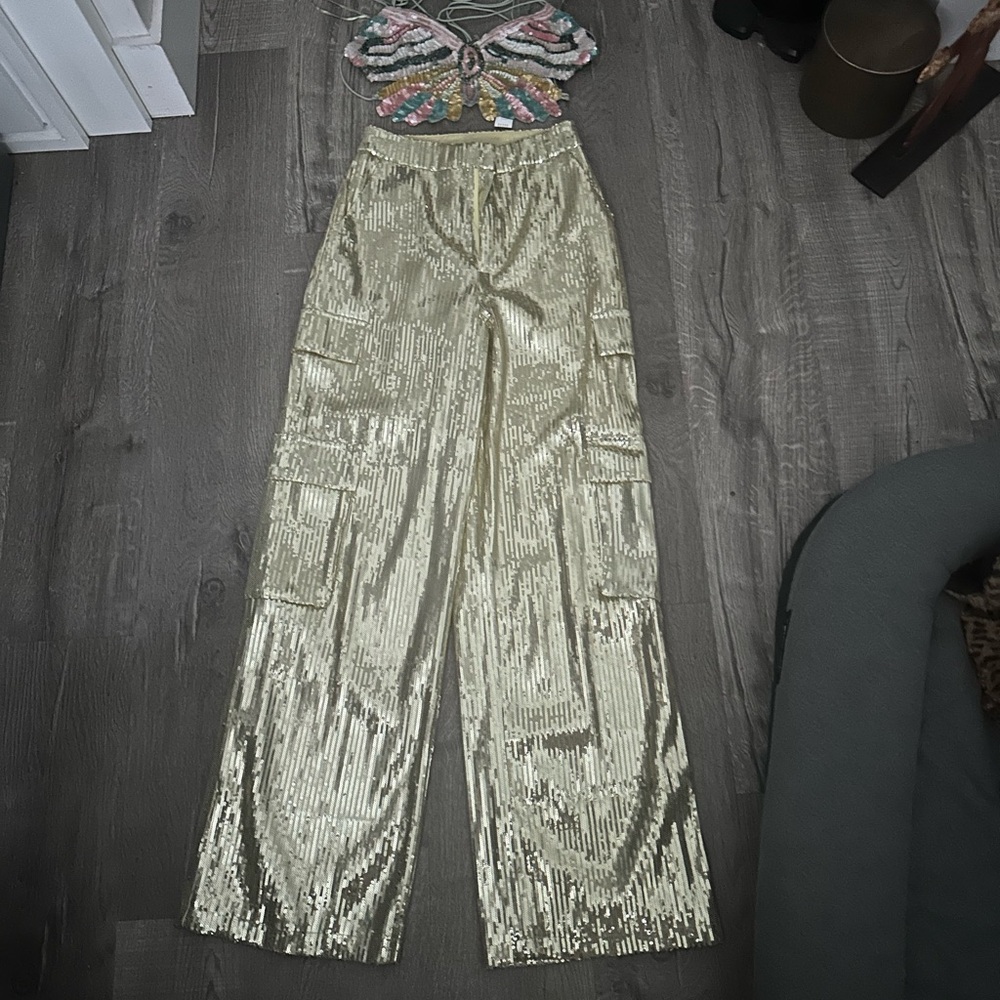 Zara!Sequin cargo pants, satin cargo pants,